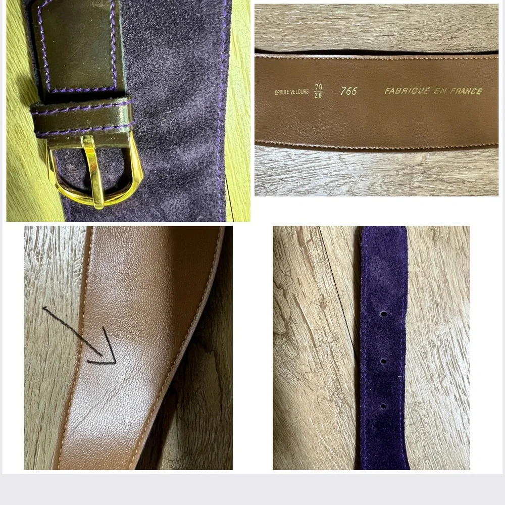 🎁 Vintage Leather Belt 1983 French | Deep Purple Suede | Asymmetrical Detail New - Picture 15 of 16